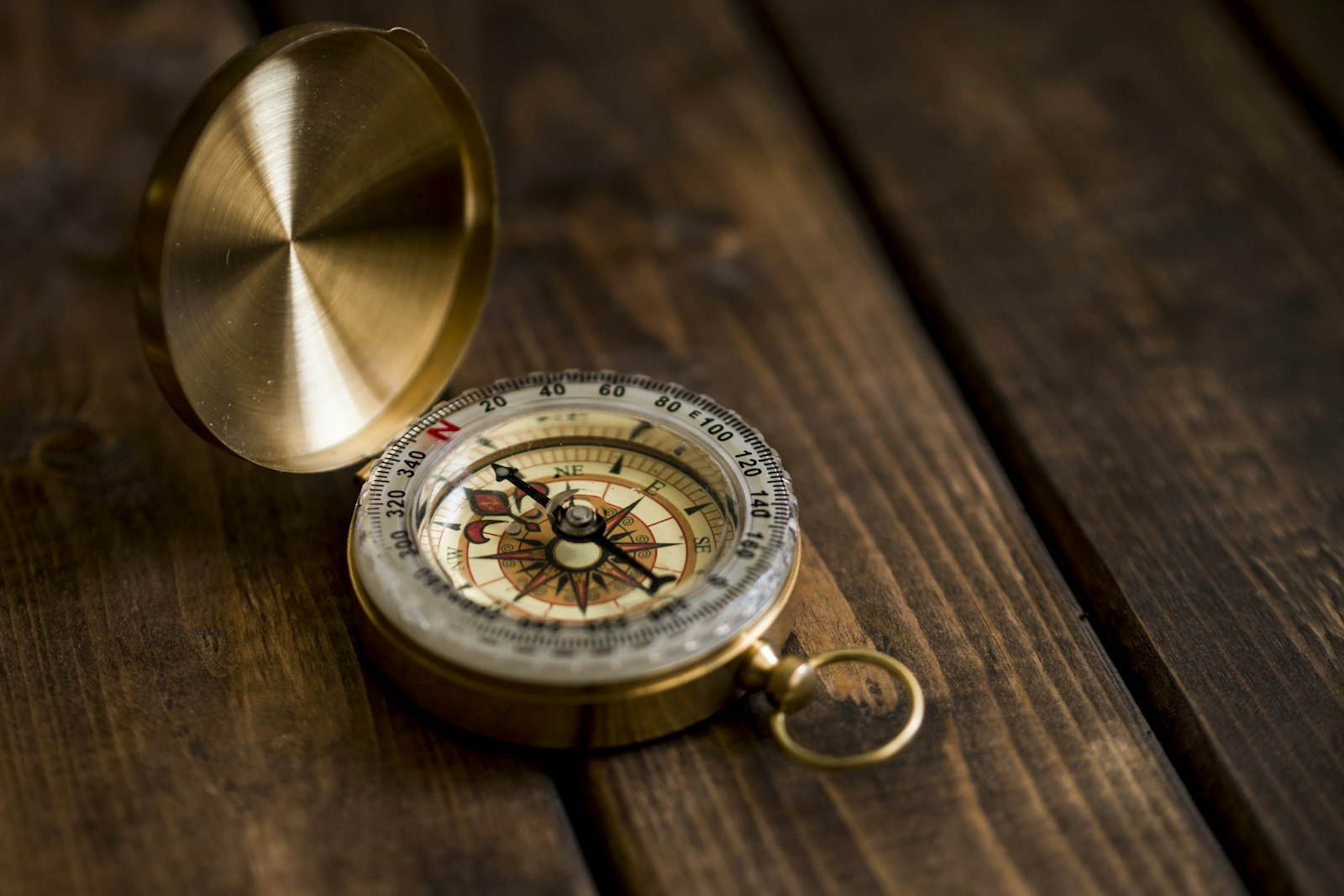 An antique brass compass resting on weathered wood
